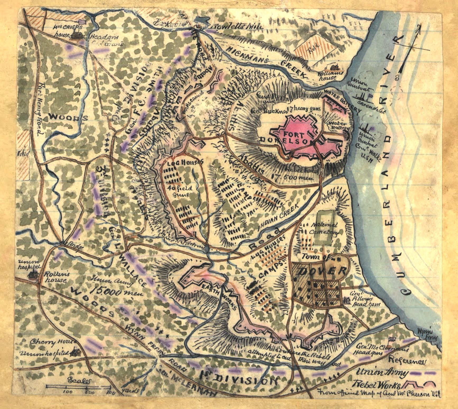 Union engineer map of Fort Donelson before attack